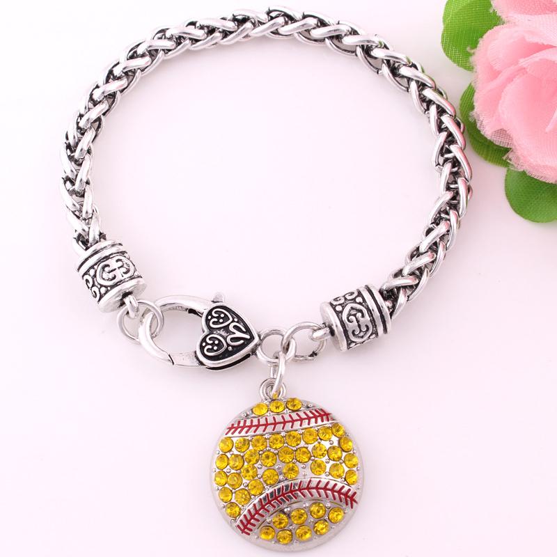 Full Rhinestones Round Softball Baseball Pendant Heart-shaped Lock Men and Women Bracelet