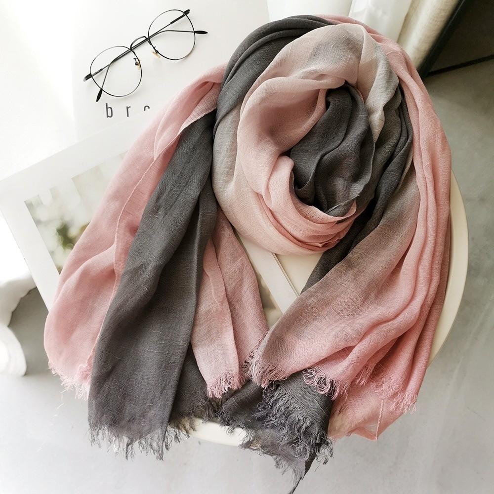Lightweight Gradient Color Scarf Unisex Fringe Shawl Wrap Cotton Linen Scarf  For Women Ladies