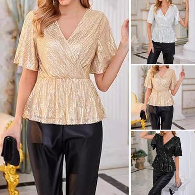 Women Sequin Tops V-Neck Ruffle Sleeves Glitter Blouses Waist Tight Elastic Hem Evening Cocktail Shiny Tops