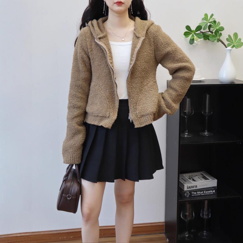 Autumn and winter new hooded double zipper knitted cardigan soft waxy short casual versatile temperament sweater jacket women