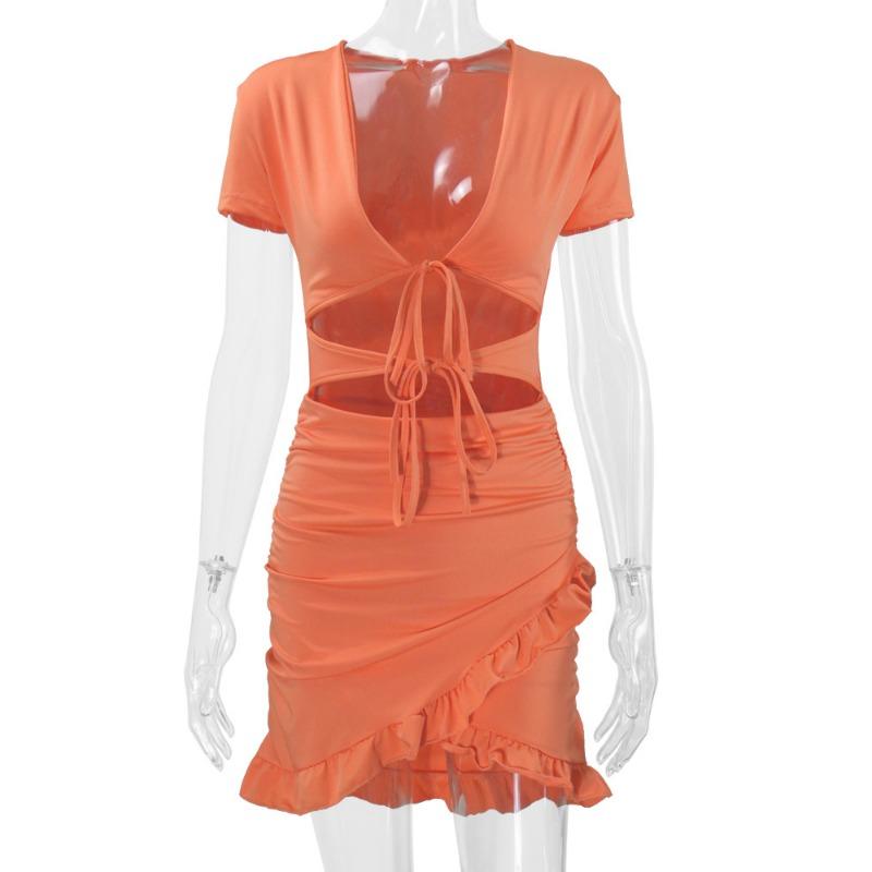 Women's Deep V-neck Hollowed-out Peplum Wrap Hip Sexy Dress