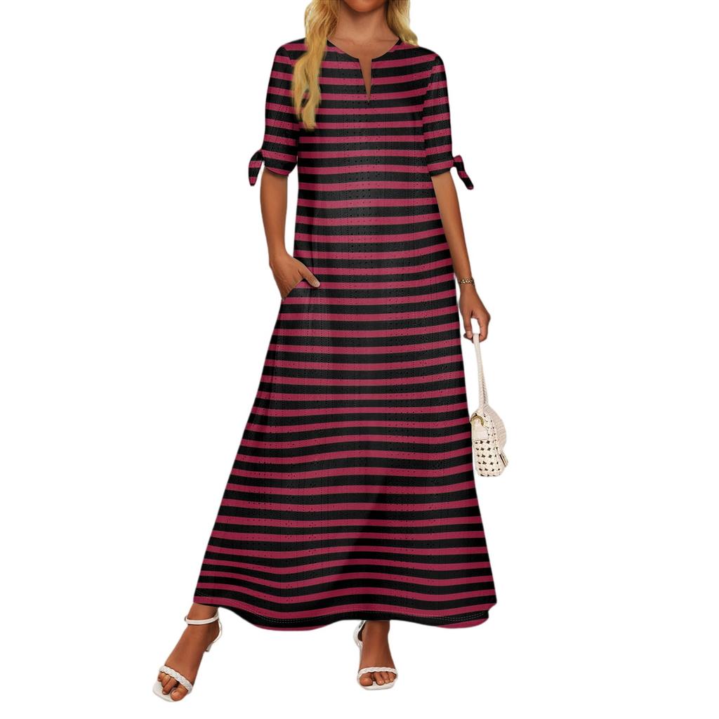 Ladies Casual Fashion Temperament Elegant Waist Striped Long Dress