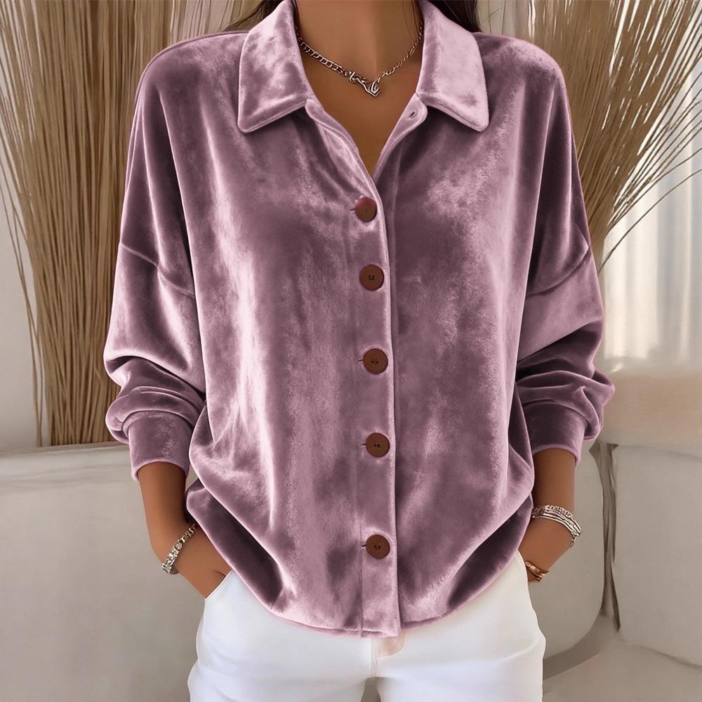 Women's Long-Sleeve Gold Velvet Cardigan with Shirt Collar