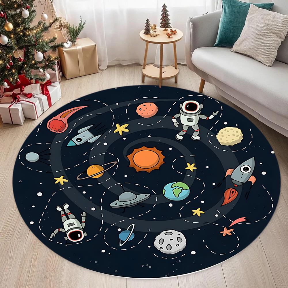 Tappeto Rotondo a Tema Spazio Rotondo Decorazione Della Casa Camera Dei Bambini Astronauta Razzo Pianeta Modello Tappetino Antiscivolo Camera