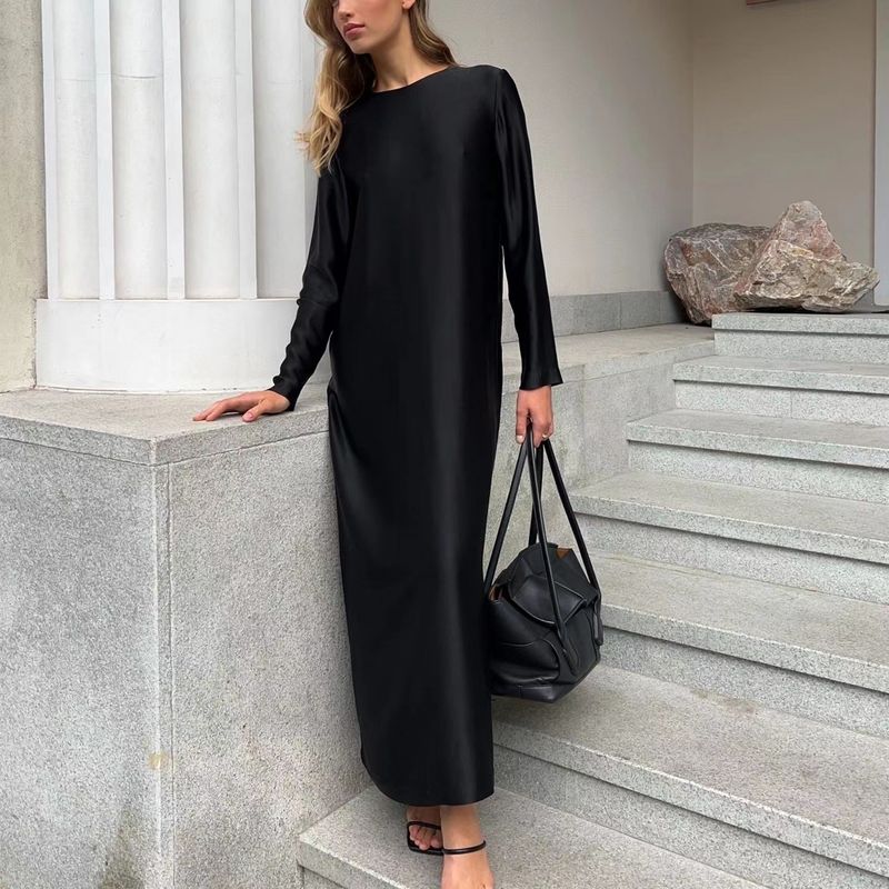 

Fashion New Arrival Fashion Long Skirt Slit Base Dress Long Sleeve Slim Satin Dress Black S