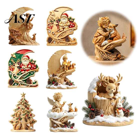 Fox Themed Sculptures Fairy Tale Little Boy and Wooden Figurine, Rustic Desktop Statue, Artistic Carved Wood Crafts Sculpture Ornament for Table Shelf