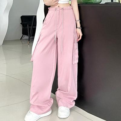 Women Casual Cargo Pants Drawstring Wide Leg Solid High Waist Streetwear Overalls Loose Trousers for