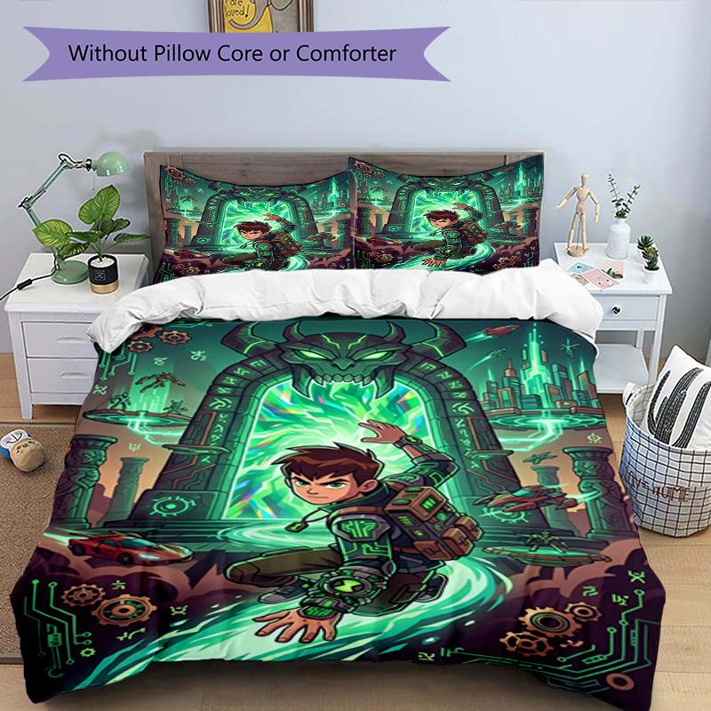 3-teiliges Bettbezug-Set (1 * Bettbezug + 2 * Kissenbezug, ohne Kern), Ben 10 Cartoon-Aufdruck Bettwäsche-Set, Schlafzimmer-Dekoration, Ganzjahres, Geburtstagsgeschenk