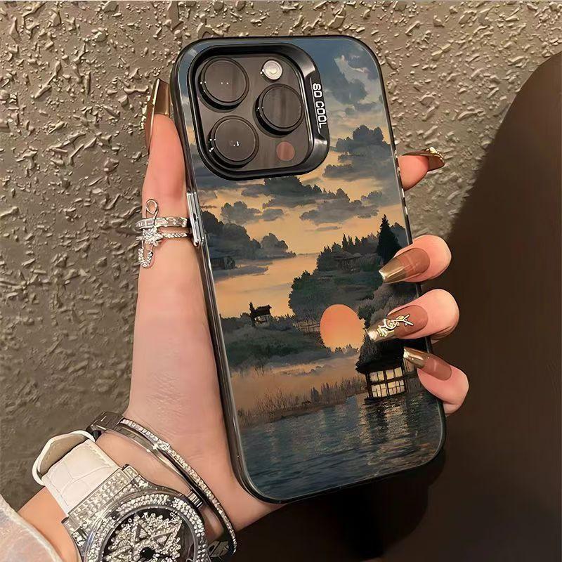 Mountain sunset illustration color silver shell for apple 16/15/14 pro mobile phone case 15promax13/12/11X