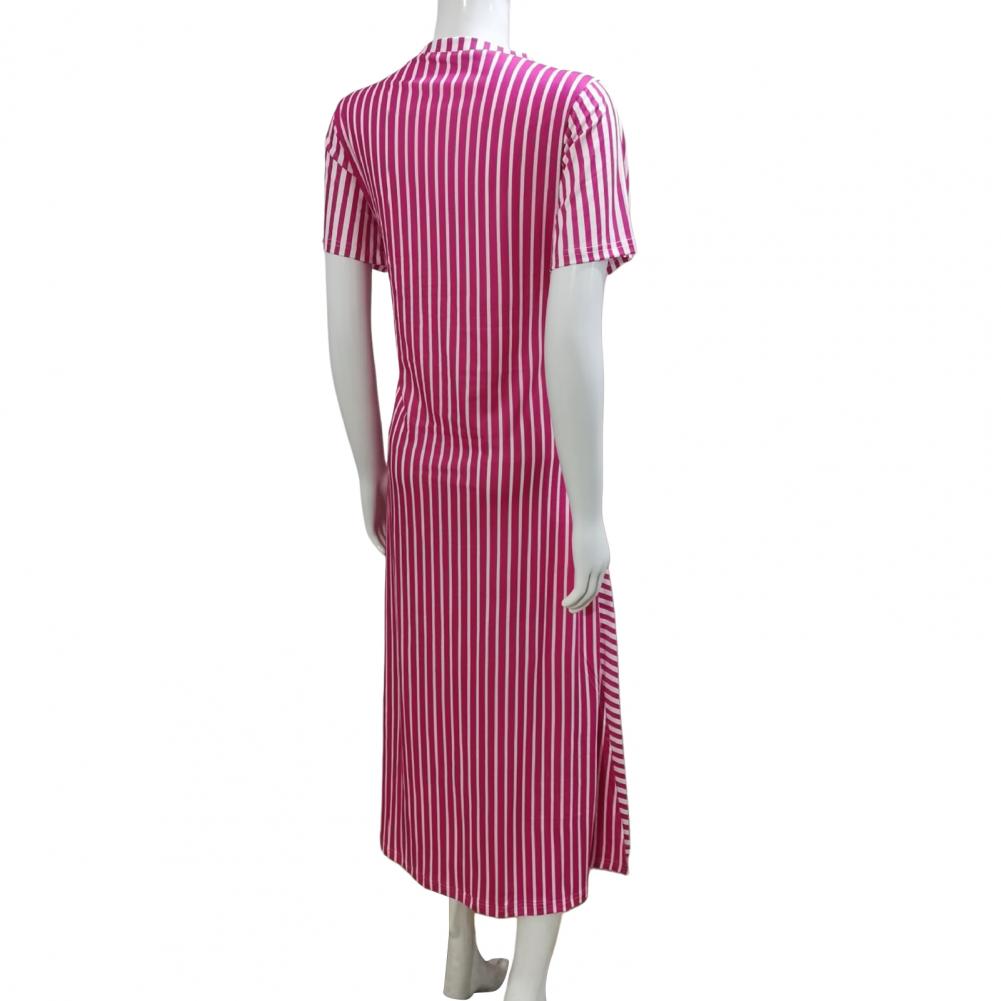 Summer Women Dress V-Neckline Side Split A-line Comfortable Fit Short Sleeves Striped Print Pullover Ankle Length Vacation Beach Maxi Dress