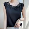 Kadınlar için ipek tişört İlkbahar ve Yaz Yuvarlak Boyun Kolsuz Yelek T-shirt Örgü Ekleme Üst Çok Yönlü Dip Gömlek