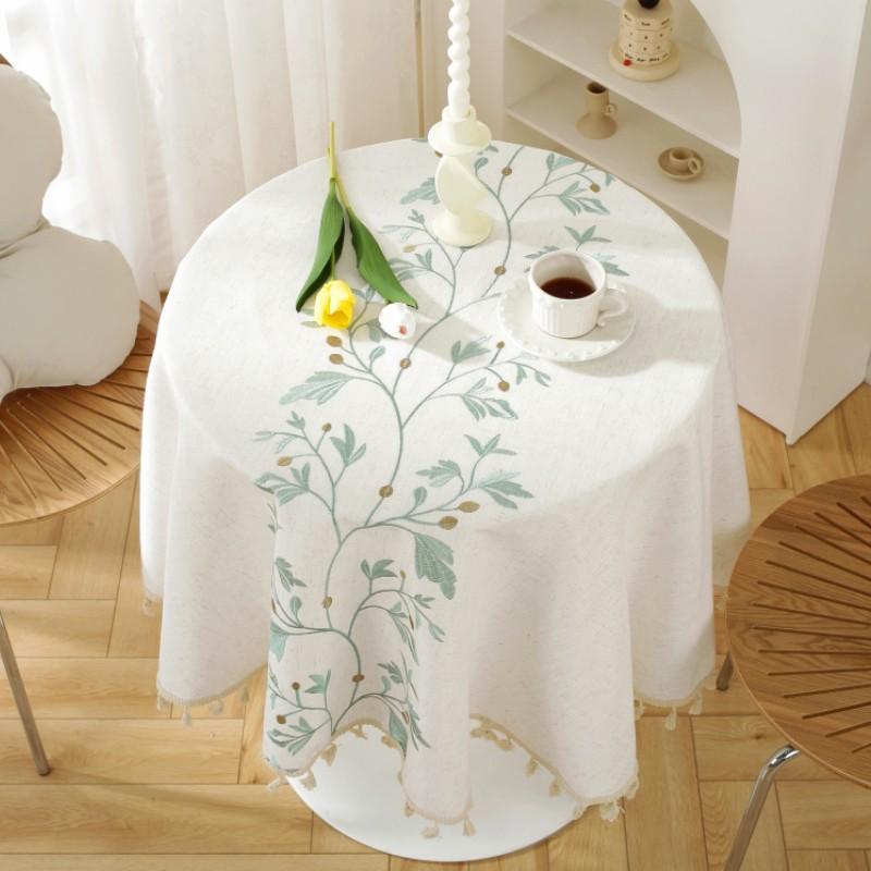 Round Embroidery Tablecloth Cotton Linen Flower Dust Proof Table Cover, for Kitchen Dining Room,Party,Birthday Tabletop Decor