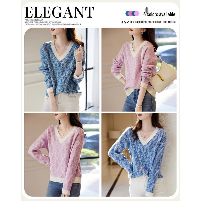 Demana Women's V-Neck Retro Plaid Knit Sweater