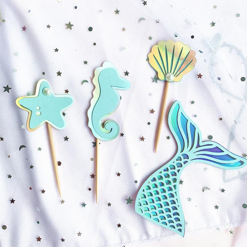 Glitter Mermaid Cake Topper Mermaid Tail Shell Happy Birthday Cupcake Topper For Birthday Dessert Cake Decoration Under the Sea