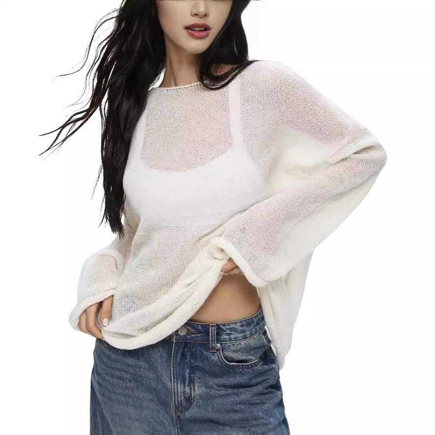 

Весенне-летняя дышащая пляжная накидка с ажурной вязкой, однотонный вязаный топ, подчеркивающий фигуру, женский свитер XL белый