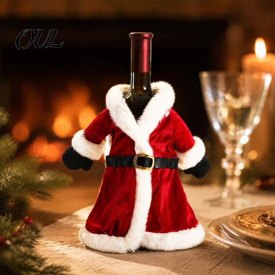Christmas Table Setting Wine Bottle Cover, Velvet Santa Suit Sleeve, Plush Novelty Holder Cover for Xmas, New Year, Holiday Dinner Decor Xmas