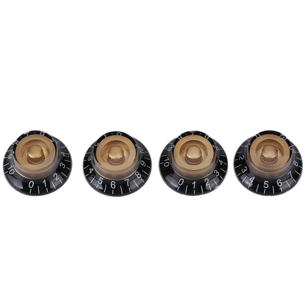 4 Stück Tonreglerknopf Transparent Glocke Lautstärke Musikinstrument Zubehör für Gitarre Bass Gold mit schwarzer Beschriftung