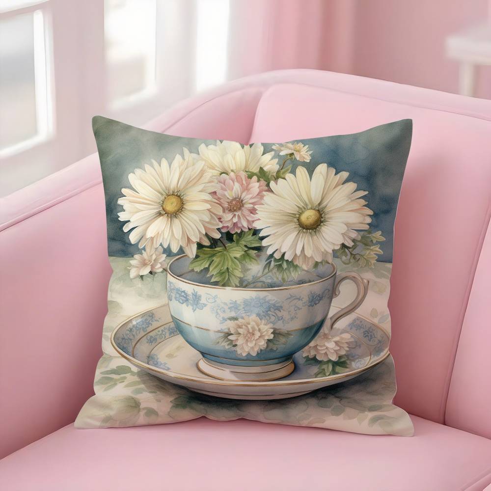 Painting Cup Of Flowers Pillow Case Soft Plush Fabric Double Sided Print Decorative Home Living Room Gift Cushion Cover