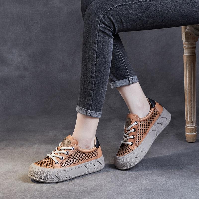 Fashion Fashion Women Flat Platform Shoes Summer Hollow Out Breathable Lace-Up Casual Sneakers Women Versatile Board Shoes Beige
