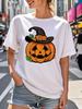 2026 Women's Halloween Fit Short Sleeve Round Neck with Pumpkin Wizard Hat Bats Print Casual Costume Party Aesthetic Clothes