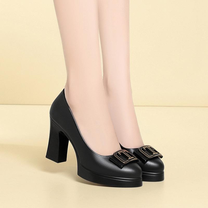 

Black High Heels Women Spring Autumn New Style Light Mouth Catwalk Single Shoes Waterproof Platform Leather Elegant Temperament 34