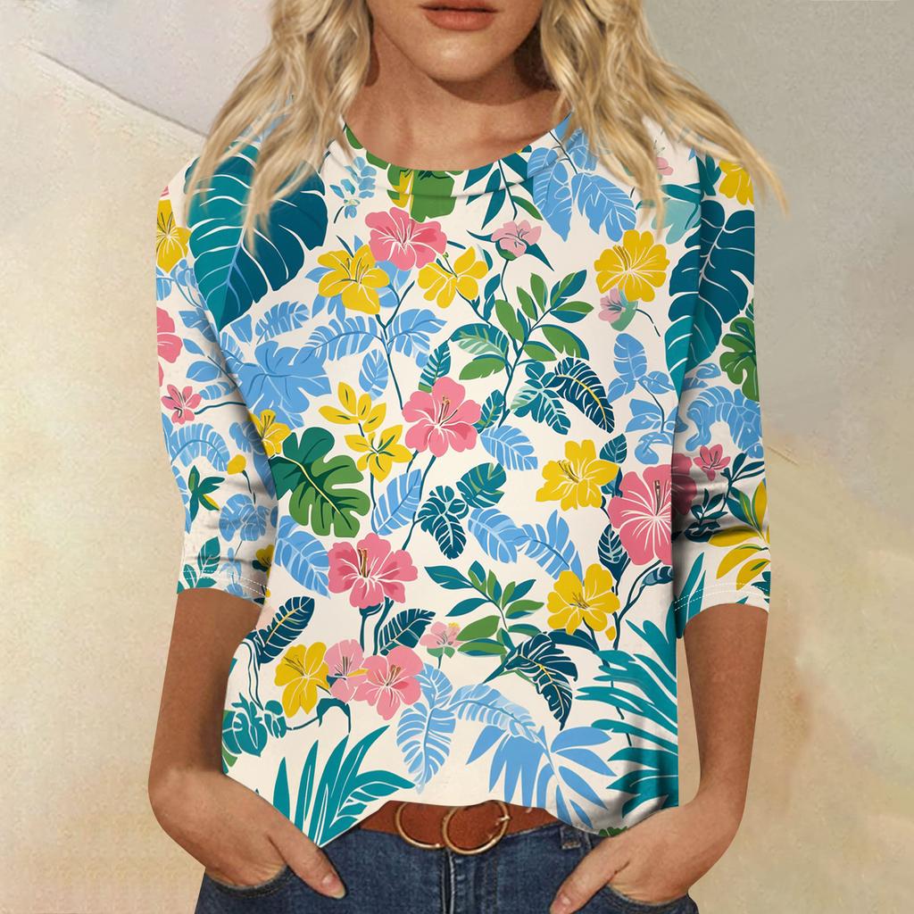 Módní vintage top s 3/4 rukávem pro ženy, dámská ležérní halenka s tříčtvrtečním rukávem a kulatým výstřihem s potiskem
