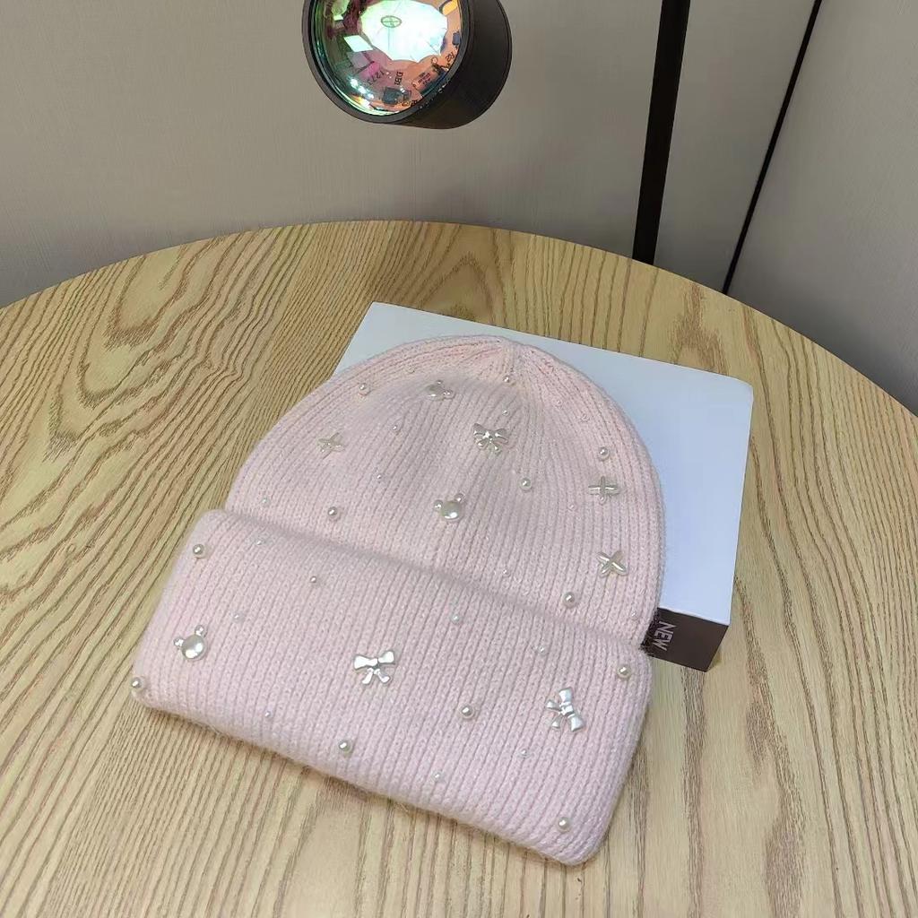 New Luxury Rhinestone Beads Knitted Hat Korean Women Rabbit Fur Wool Skullies Cap Winter Fashion Thickened Warm Bonnet Beaanies