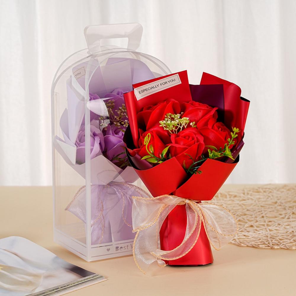 5 Heads Artificial Flowers Artificial Rose Flower Bouquet with PVC Transparent Gift Box Valentine's Day Mother's Day Soap Flower