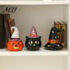 Small Ceramic Halloween Figurine Tealight Holder, Lighted Ghost Pumpkin with Cute Room Decoration Witch Hat, Tiered Tray Tabletop Decor for