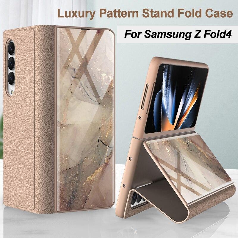 

Роскошный кожа складной жесткий чехол для Samsung Galaxy Z Fold 4 Крышка Окрашенное закаленное стекло Защитные чехлы для Galaxy Z Fold 4 5G Ударопрочный чехол