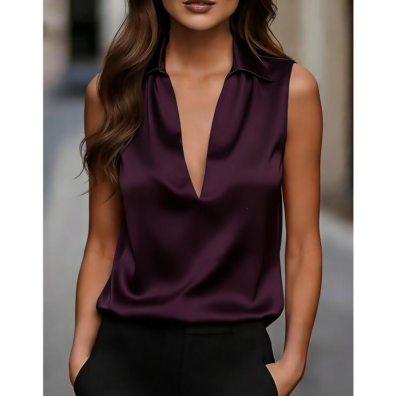 Damen Unifarben Satin V-Ausschnitt Ärmellos Lässig Bluse Top