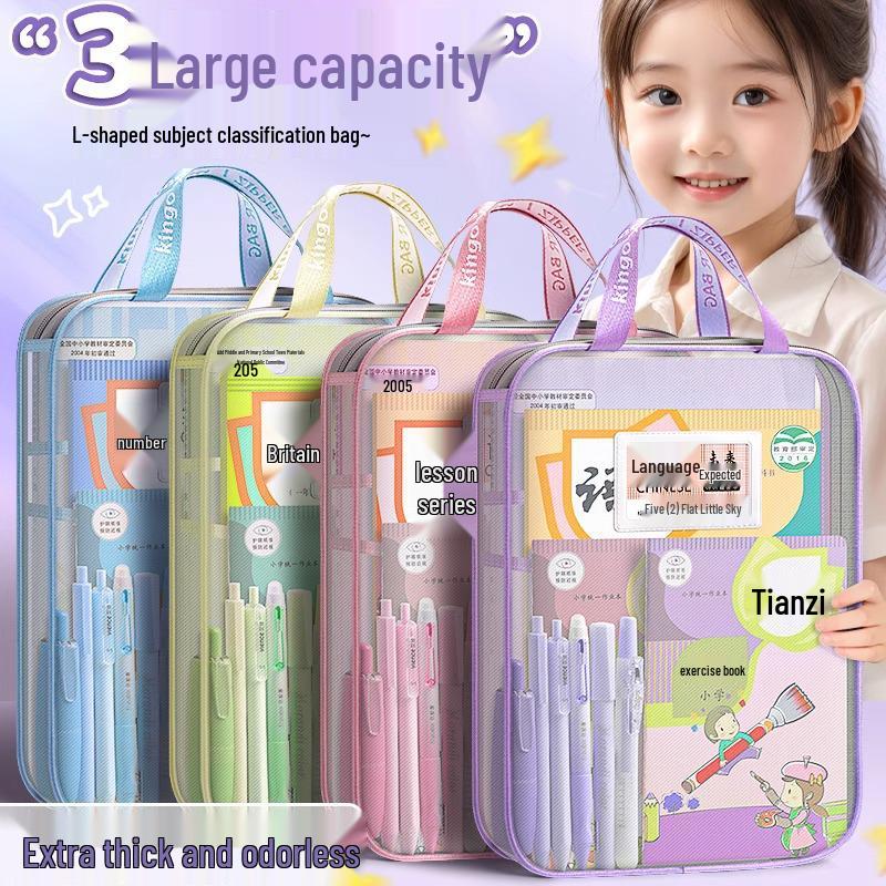 L-Shaped Transparent Mesh File Bag with Zipper: Large Opening Student Tote for Exams