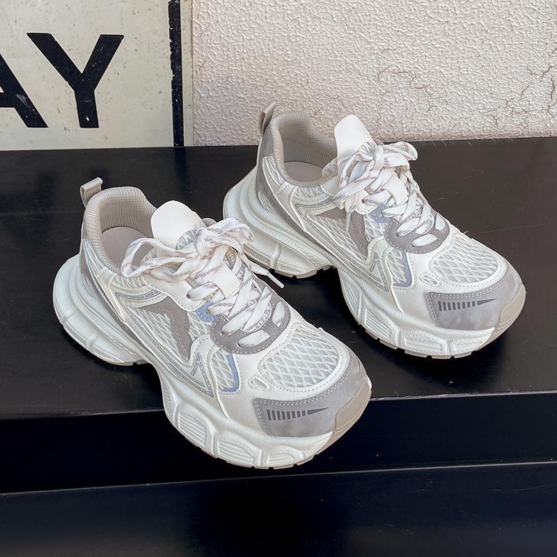 Design Sense Double Shoelace Dad Shoes Women's Spring 2025 New Mesh Breathable Lightweight Thick-soled Casual Sneakers