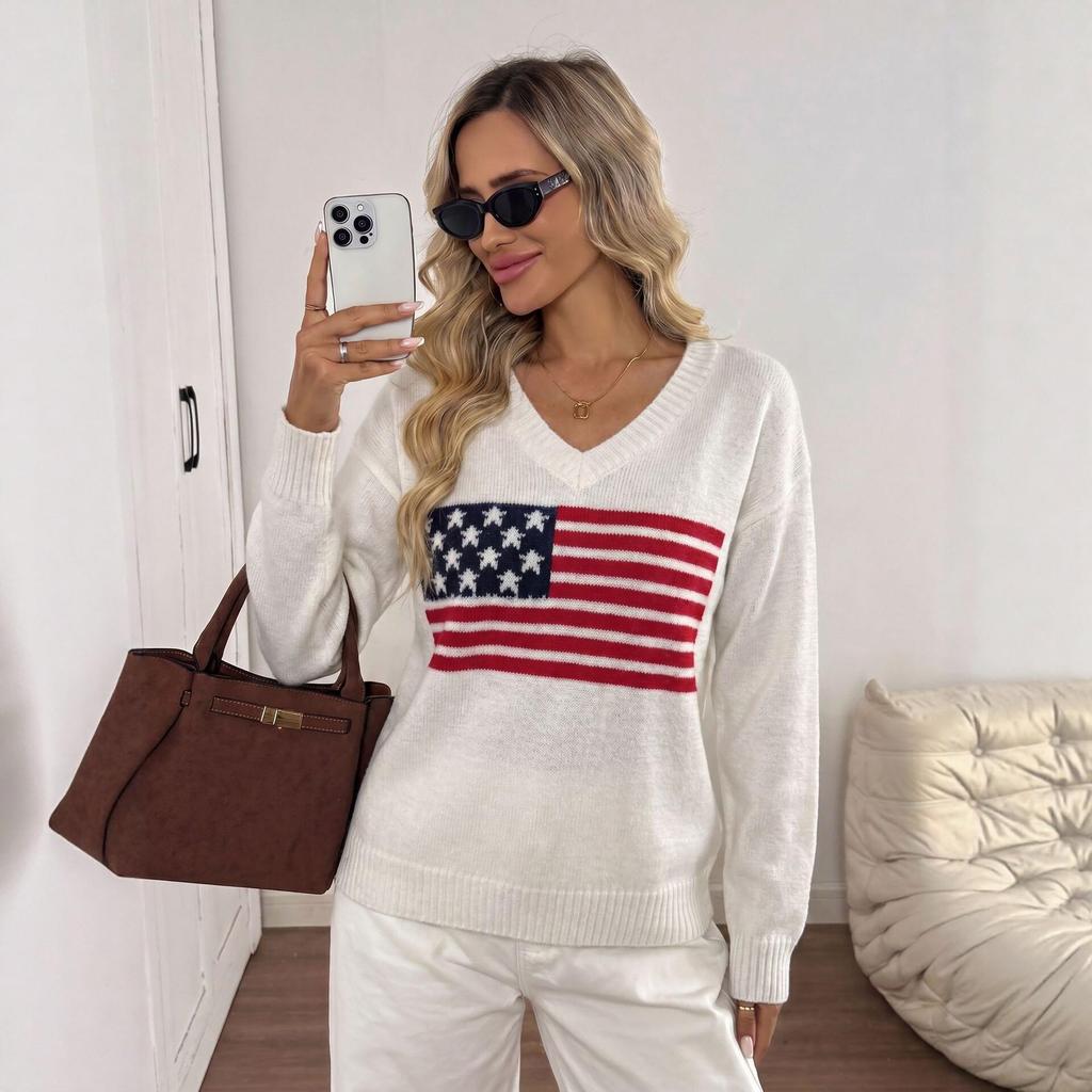Women's V-Neck Knit Sweater with Flag Pattern - European Style, Long Sleeve, Autumn/Winter Arrival