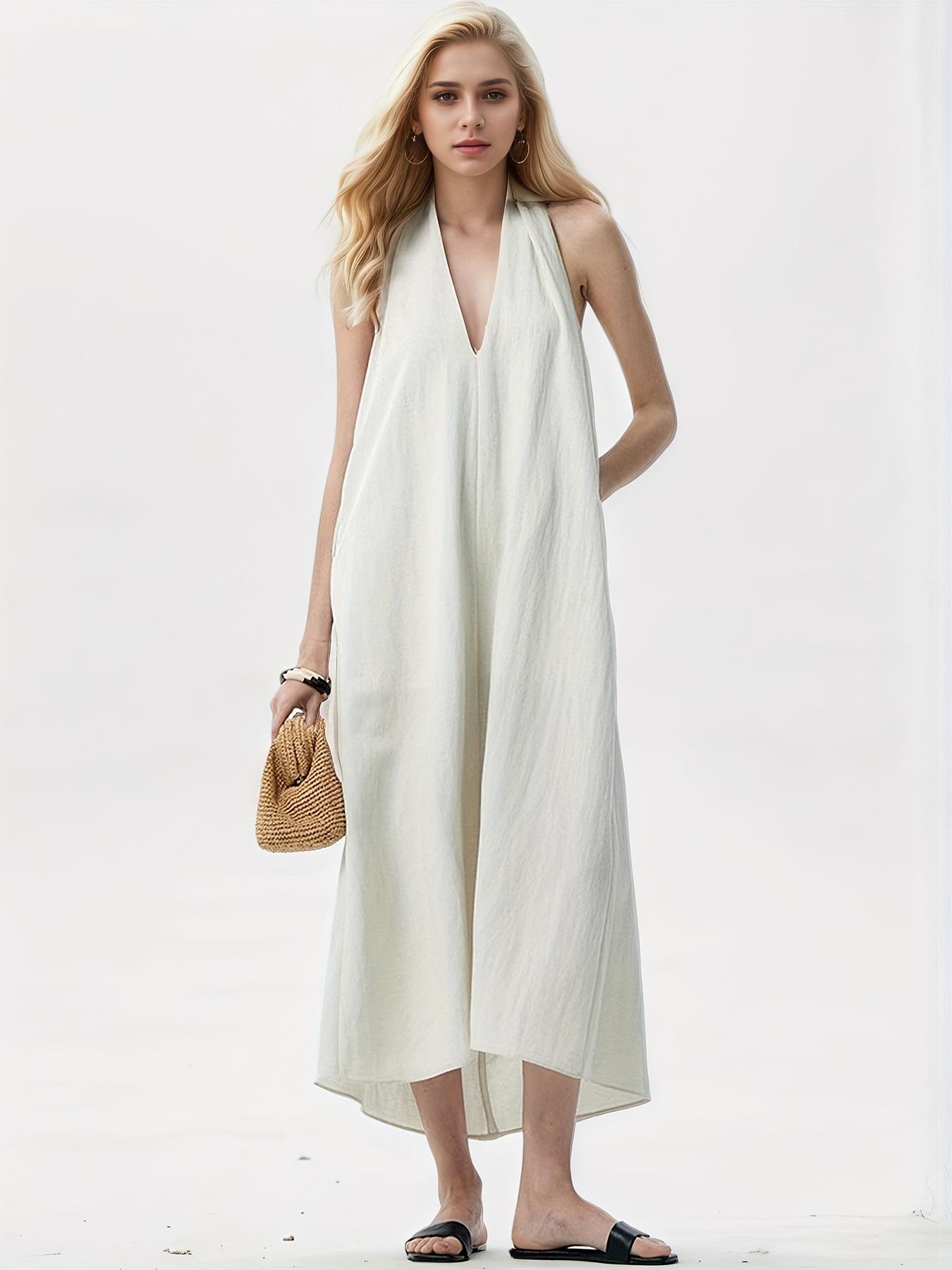 European and American popular spring and summer design sense fashion temperament loose vacation style neck V-neck dress XL