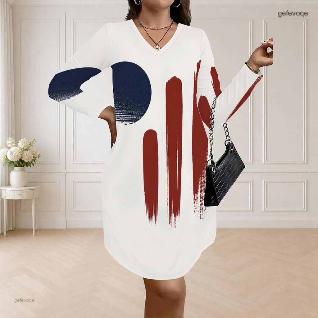Women Plus Size V Neck Long Sleeve American Flag Printed Loose Curved Hem Dress