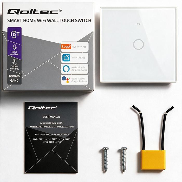 Qoltec Smart Touch 3-Channel Light Switch | Wi-Fi | Timer | Tuya | Smart Life | Tempered Glass | Black