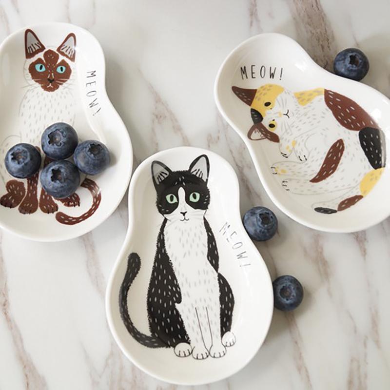 1/3pcs Ceramic Dessert Sauce Dish Japanese Tableware Creative Cute Cartoon Lucky Cat Pattern Water Drop Shape Fruit Sushi Plates