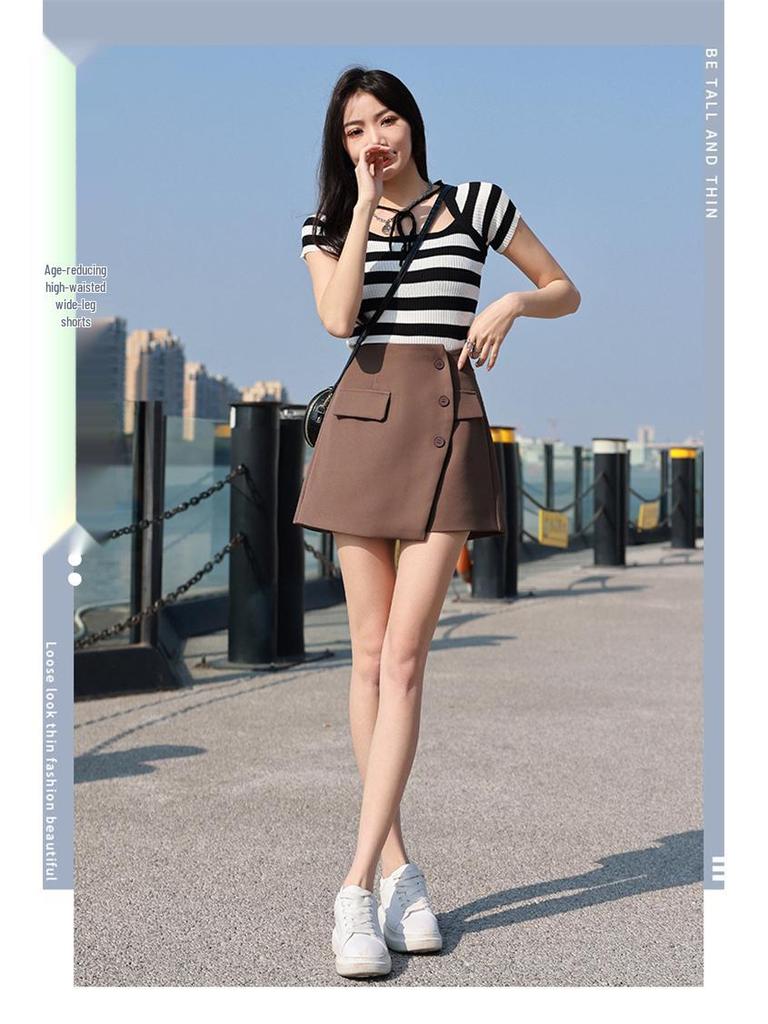 2025 Spring/Summer Women's A-line Irregular High Waist Button Embellished Wide Leg Skirt Shorts
