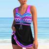Women's Shoulder Strap Swimsuit with White Square Print Bikini Short Tank Top Swimsuit
