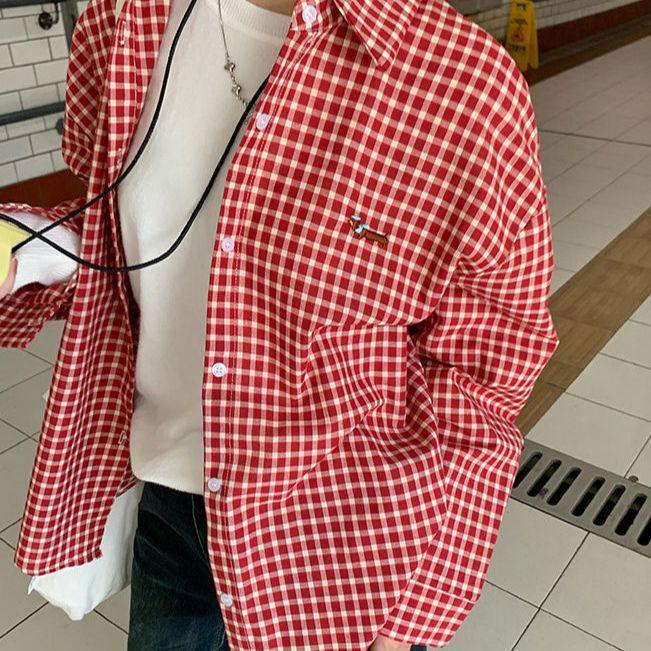 

Women s Red Plaid Dachshund Shirt - Retro Spring 2025 Long Sleeve Jacket S красный