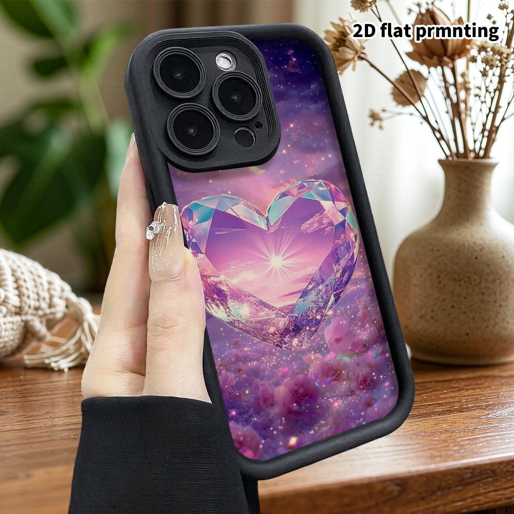 Phone Case: 2D flat design suitable for iPhone 18 17 16 15 14 13 Pro step protection case, heart-shaped crystal gems, Christmas and Halloween gifts