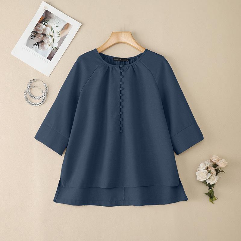 

ZANZEA Женская блузка с круглым вырезом, рукавом 3/4, однотонная, свободного кроя, в стиле кэжуал 5XL темно-синий