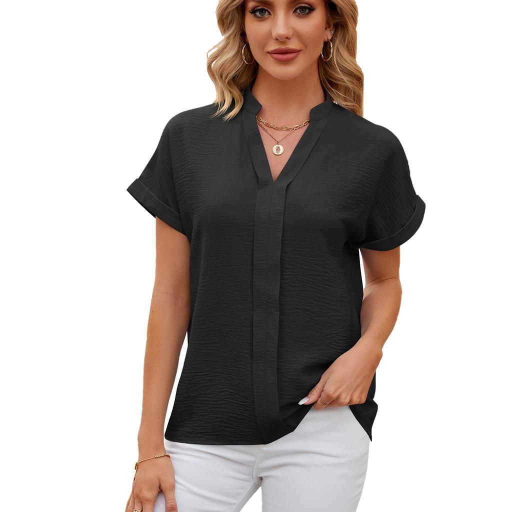 Summer Women's Shirt Solid Color V-neck Short-sleeved Shirt Loose Casual Chiffon Shirt