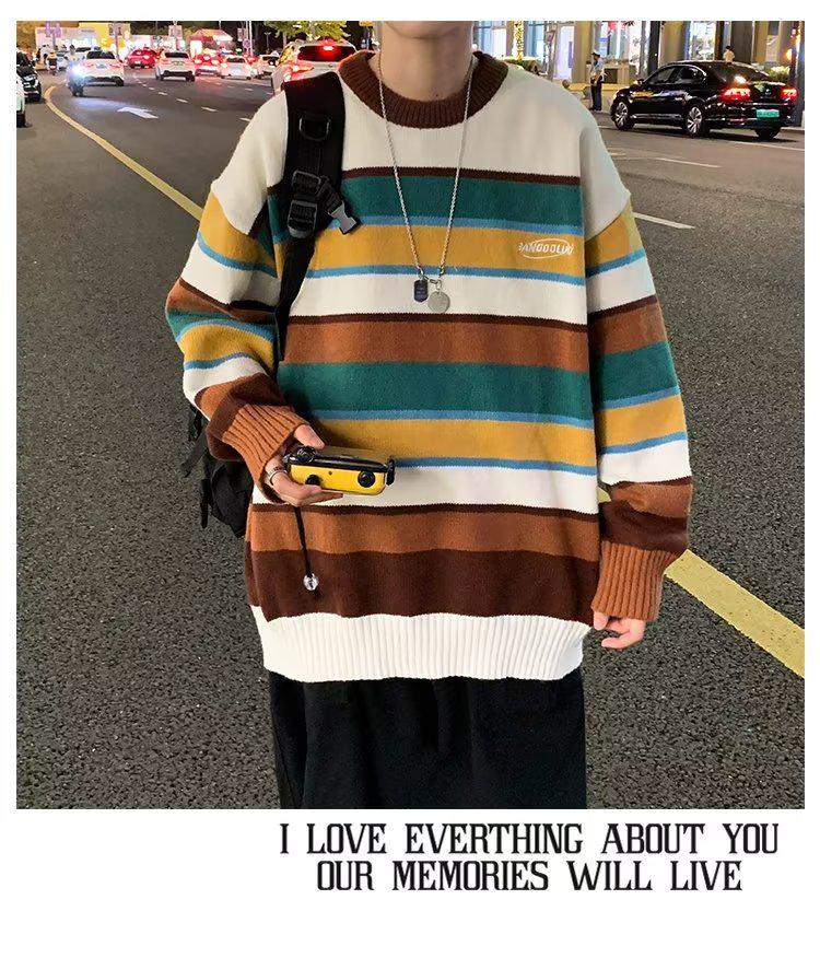 Men's Retro Color-Blocked Striped Sweater - Soft, Cozy, Loose-Fit Knitwear for Autumn/Winter Casual Wear