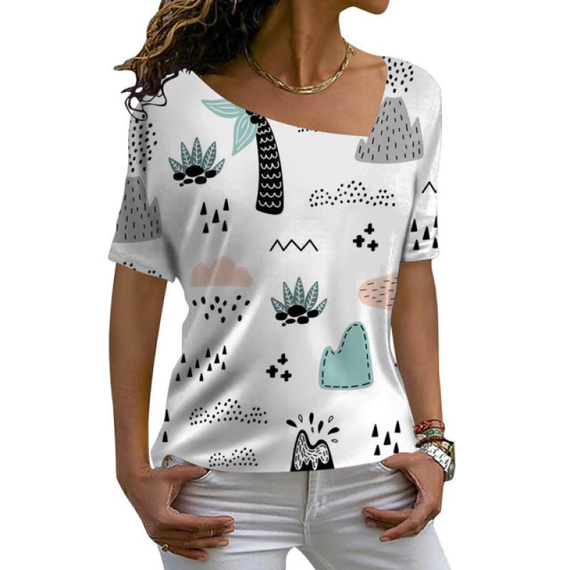 Ladies Fashion Casual Loose Pullovers Tee Shirts Summer 3d Pineapple Printed Women's Short Sleeves V-Neck Diagonal Collar Tops