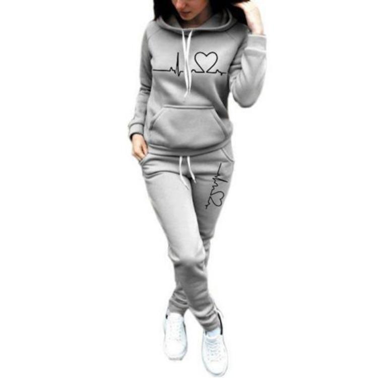 Ladies Hoodie Tracksuit Set Heart Print Thick Warm Breathable Daily Wear Solid Color 2 Pcs