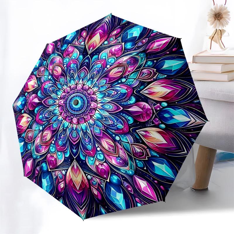 

1pc Mandala Crystal Design Automatic Folding Umbrella - Portable 3-Fold Design, 8-Bone Iron Frame Outdoor Umbrella, Festival Gift for Fans, Travelers,