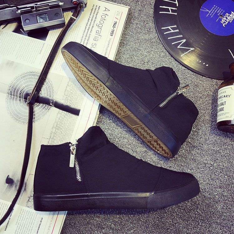 Boys Board Shoes Korean Version of High-top Espadrilles Side Zipper Foot Cover Black Teen Tide Student Winter Velvet Cotton Shoes