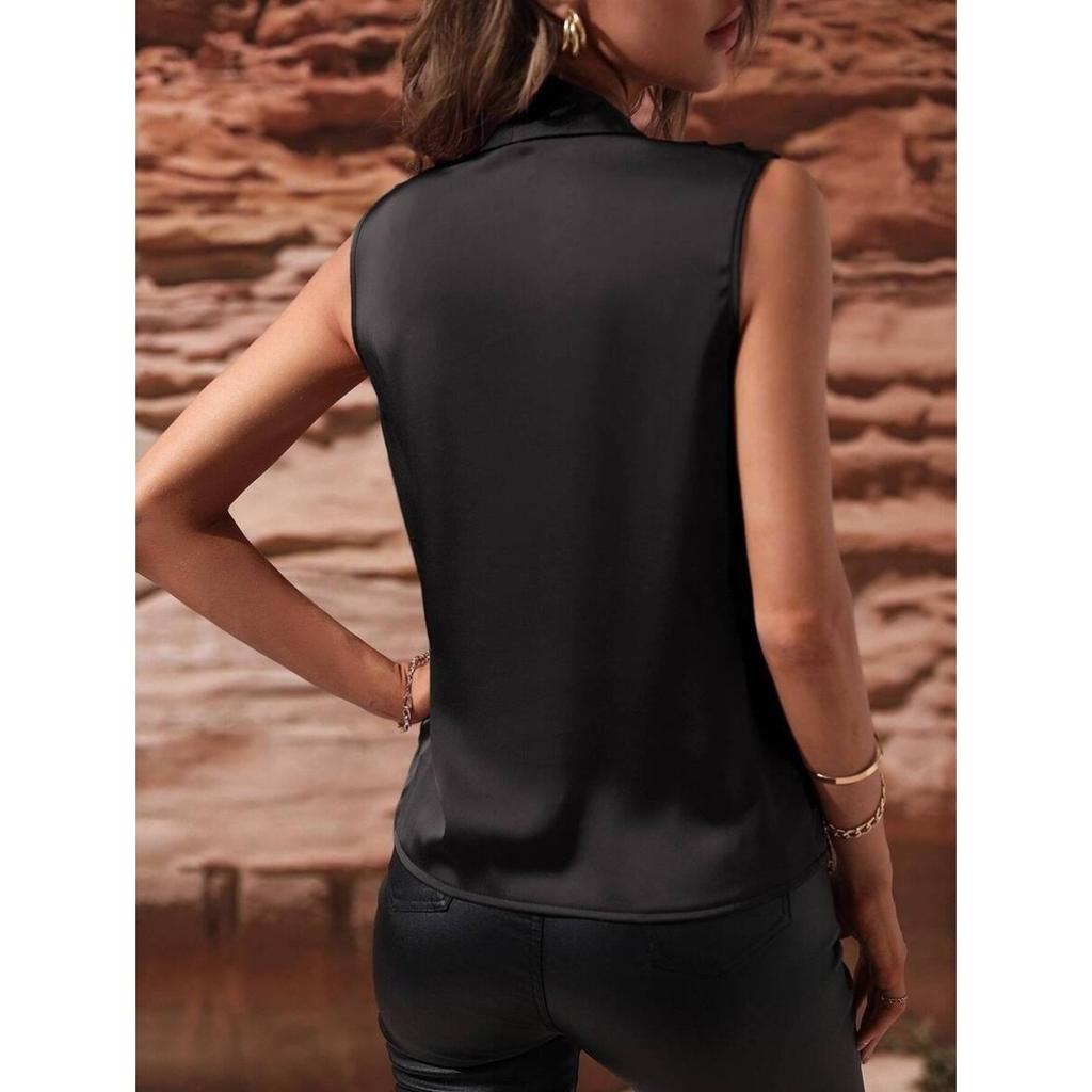 Women's Spring and Summer Sleeveless Satin Shirt Pleated Vest New Sexy Shirt